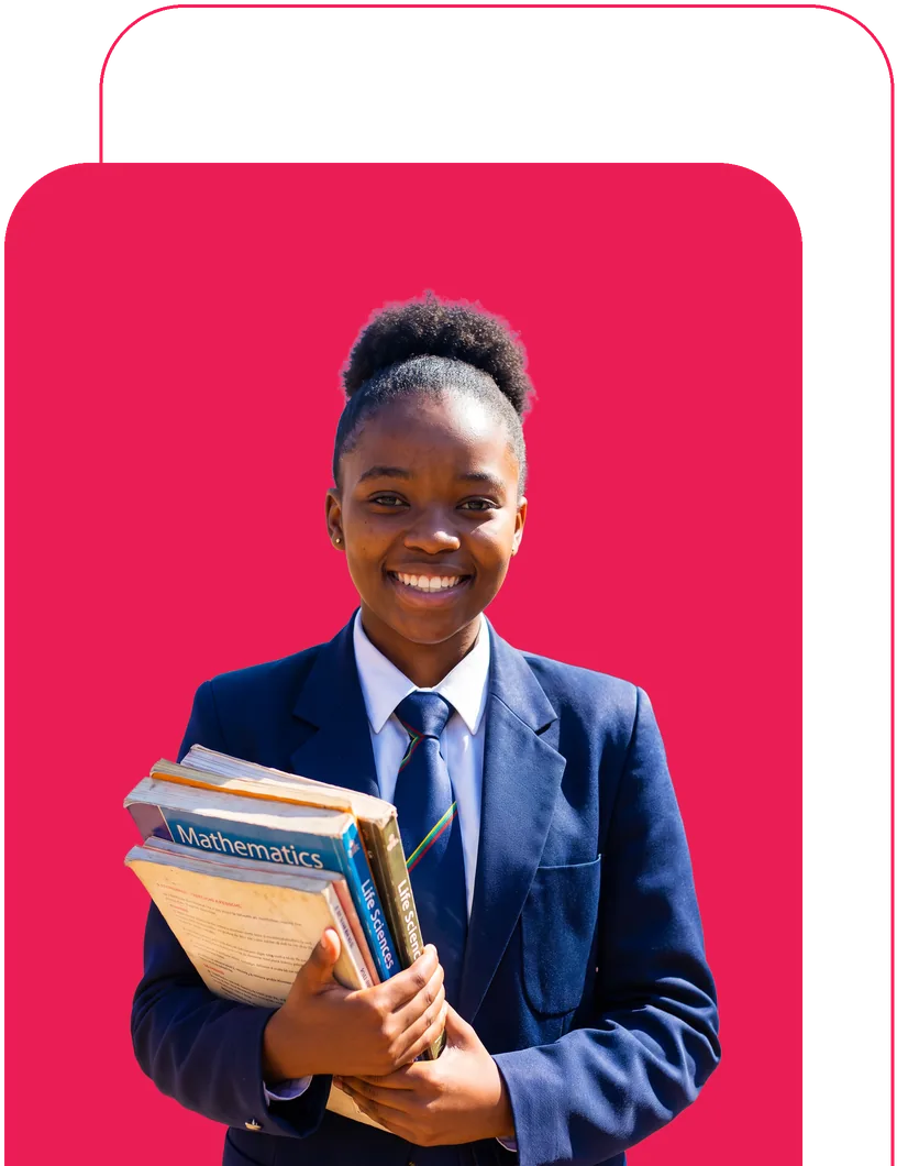 Smiling learner in school uniform holding Mathematics and Life Sciences textbooks